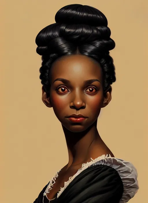 Image similar to a portrait of a young black woman with a crooked nose in victorian clothing, confident pose, intricate, elegant, sharp focus, illustration, highly detailed, concept art, matte, trending on artstation, anime, art by james jean and artgerm and brian despain and alberto mielgo, greg rutkowski, wlop, ilya kuvshinov, strong strokes