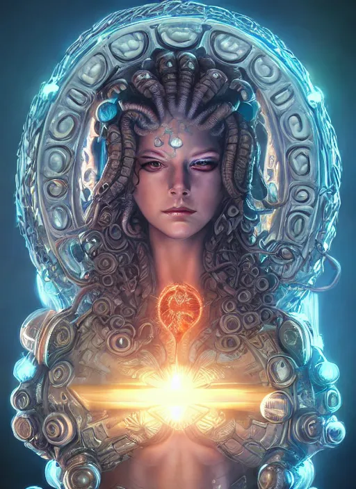 Prompt: ultradetailed ornate sci-fi RPG illustration of a beautiful symmetric Medusa radiating a glowing aura wearing a cyberpunk armor with decorum, digital airbrush painting, 3d rim light, hyperrealistic masterpiece, artstation, cgsociety, kodakchrome, golden ratio