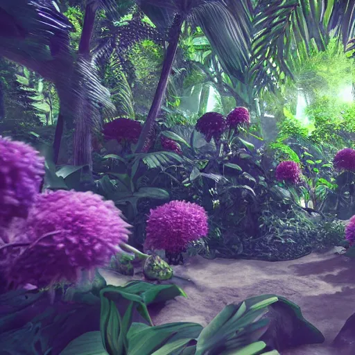 Image similar to « group persons, dark jungle, far view, unreal engine 5, highly detailed, exploring, pretty flowers, »