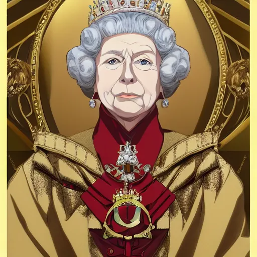 Prompt: Portrait of the Queen of England Queen Elizabeth the Second from the anime Attack on Titan, trending on Artstation, 4k, 8k, digital art, intricate, art by Hajime Isayama