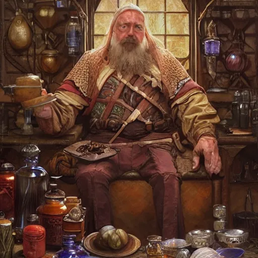 Image similar to The potion seller offers you his strongest of potions, D&D fantasy, portrait art by Donato Giancola and James Gurney, digital art, trending on artstation