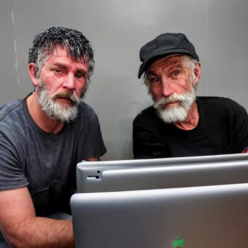 Prompt: 2 homeless men holding supercomputers doing drugs under an apple store in 2035