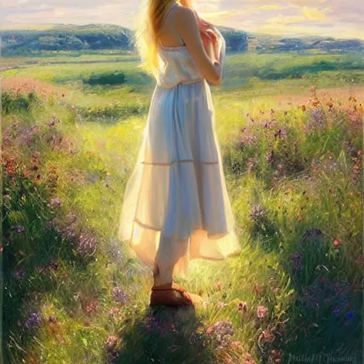 Image similar to blonde woman, dress, swedish countryside, archipelago, morning, masterpiece, highly detailed, beautiful, atmospheric, impressionism, wlop, artstation, painting by Vladimir Volegov