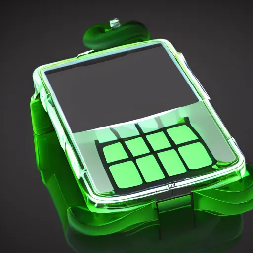 Image similar to an ultra high definition cycles render of a floating chunky green transparent plastic mobile phone at an angle with an e-ink screen inspired by a g-shock watch. Emissive screen and indicator lights, bloom