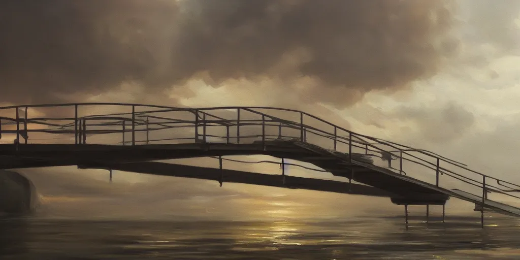 Image similar to a footbridge, cinematic lighting, detailed oil painting, hyperrealistic, 8k