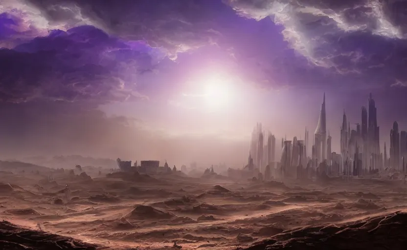 Prompt: matte painting of a desert landscape, science fiction art, city in the skyline, two suns, gloomy, fog, elaborate, detailed digital art, trending in artstation, purple color lighting