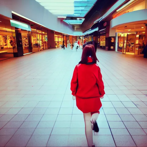 Prompt: a closeup portrait of woman walking in mall alone in style of 1990s, street photography seinen manga fashion edition, focus on face, eye contact, tilt shift style scene background, soft lighting, Kodak Portra 400, cinematic style, fish-eye lens, telephoto
