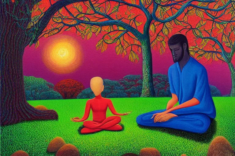 Prompt: painting of a peaceful man meditating under a tree by alex grey, acrylic art, calm, soothing, cosy, elegant, soft light,