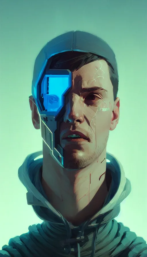 Image similar to cyberpunk synth, hyper - realistic portrait of a man in a hoodie, cyberpunk, by atey ghailan, by greg rutkowski, by greg tocchini, by james gilleard, by joe fenton, by kaethe butcher, dynamic lighting, gradient light blue, brown, blonde cream and white color scheme, grunge aesthetic