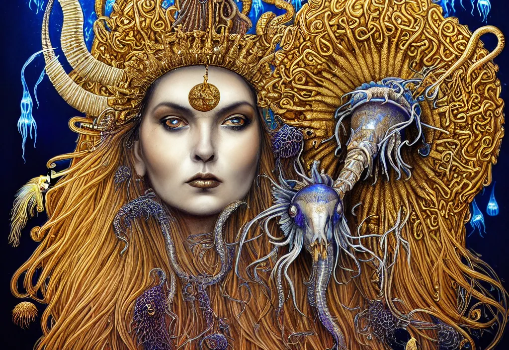 Image similar to isis goddess macro close - up portrait with extremely detailed crown made of ram skull dripping gold + betta fish + jellyfish, in the style of michael cheval, bioluminiscent, plasma, wind, creature