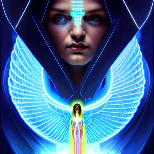 Image similar to tron angel, illuminated face, psychedelic sunset, diffuse lighting, hyper realistic, elegant, intricate, hyper detailed, smooth, sharp focus, concept art, illustration, trending on artstation, art by john collier, artem demura, greg rutkowski, james gurney, and alphonse mucha