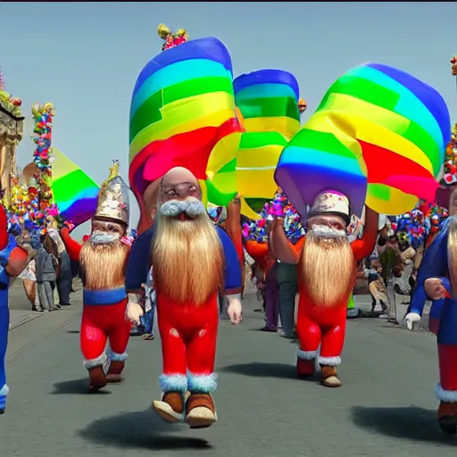 Prompt: the pride gay parade of gnomes in Dushanbe, super detailed high resolution cinematic scene