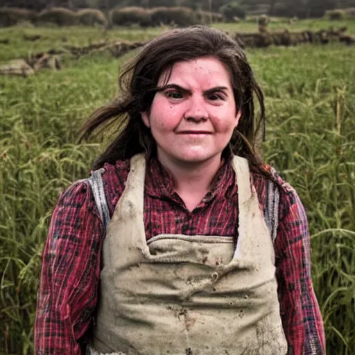Image similar to portrait, a hardworking dwarven female farmer, ragged clothes, standing in a field, dirty