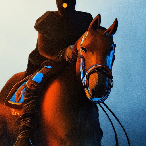 Image similar to a wideshot of a masked kanye west riding a horse into the night as riots go on in the background, dark, blue hour, cinematic lighting, by alan lee, intricate, grim, digital art, trending on artstation