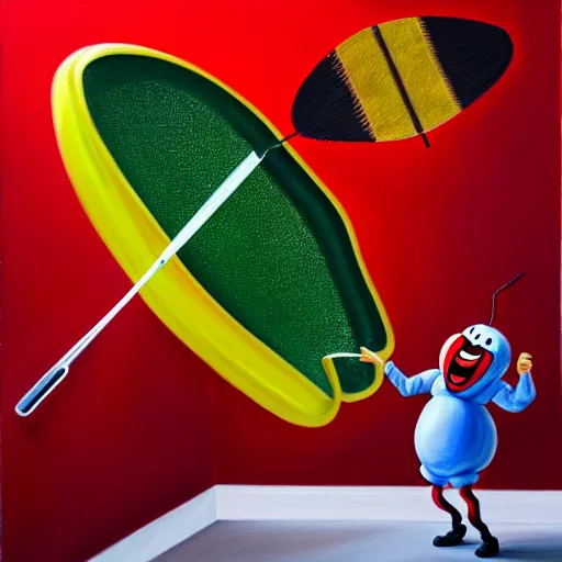 Image similar to hyperrealism painting from the housefly perspective getting swatted at from an angry clown man with a fly swatter in the kitchen