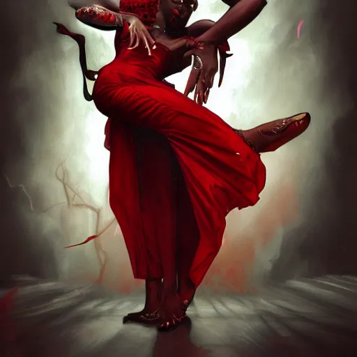 Image similar to a photograpic portrait of a black man dancing with a female devil wearing red clothes, fantasy, intricate, elegant, highly detailed, digital painting, artstation, concept art, smooth, sharp focus, illustration, art by artgerm and H R Giger and alphonse mucha