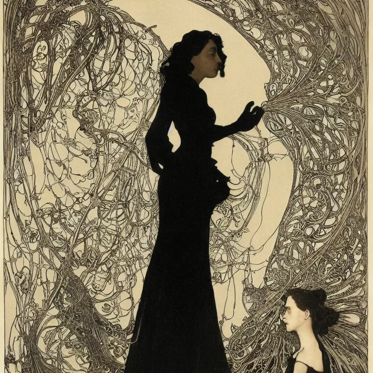 Prompt: A woman stands in a black room with a black dress with a cut-out on the back, Anton Pieck,Jean Delville, Amano,Yves Tanguy, Alphonse Mucha, Ernst Haeckel, Edward Robert Hughes,Stanisław Szukalski and Roger Dean