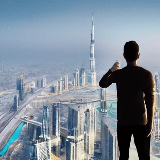 Image similar to closeup of a man [ standing on the pinnacle of the burj khalifa ]!!, holding a camera, viewing out into a futuristically adequate city, dusk atmosphere, digital art illustrated by max hay and greg rutkowski, [ synthwave ]!!, golden ratio!!, centered!!