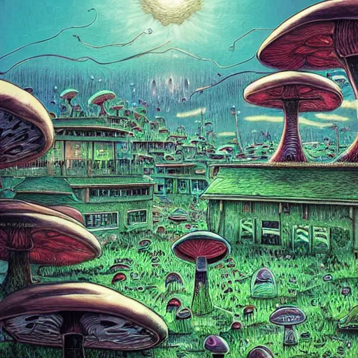 Prompt: A centered waist up portrait of a scary psychedelic godlike anthropomorphic frog smoking tobacco , magic mushroom village in background . award winning. superb resolution. in the art style of junji Ito and greg rutkowski . Detailed Mushroom city in background. Hyper realistic anime. Perfect art. Dalle2