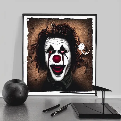 Prompt: « grunge illustration worn down clown, with a very depressing background and lights »