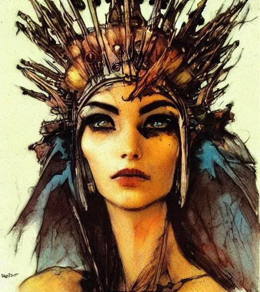 Image similar to princess of the wasteland, scrap metal headdress, strong line, deep color, high contrast, beautiful! coherent! by brian froud, by frank frazetta, low angle