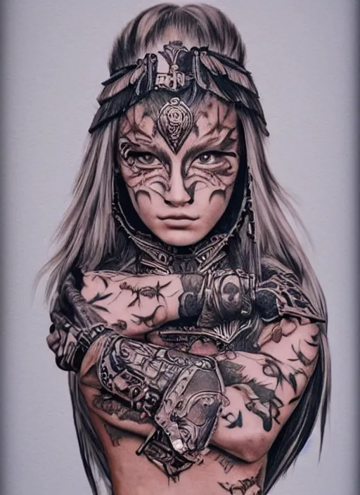 Image similar to tattoo design of a hyper - realistic beautiful girl warrior, hyper detailed, in the design of eliot kohek, on white background