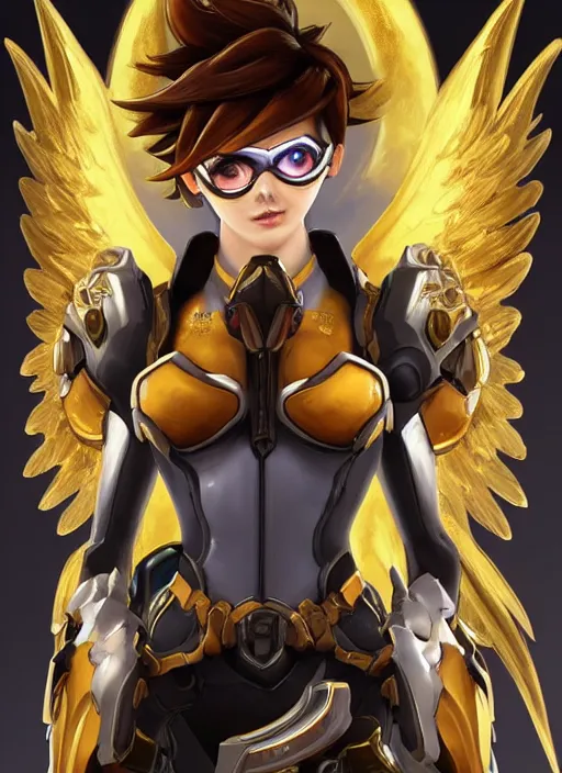 KREA - full body oil painting of tracer overwatch in the style of artgerm,  angel wings, angelic golden armor, dramatic painting, symmetrical  composition, ornate, high detail, gold detailed collar!!!!!, blooming,  lights, flowers