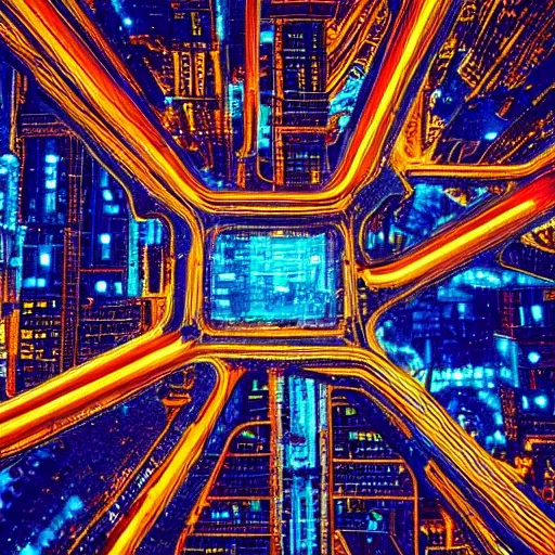 Prompt: an aerial view of a city at night, a microscopic photo by lisa frank, instagram contest winner, maximalism, glowing lights, vivid colors, circuitry