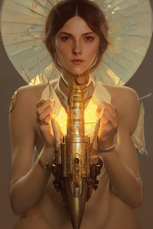 Image similar to artillery shell, realistic painting, symmetrical, highly detailed, digital painting, artstation, concept art, smooth, sharp focus, illustration, cinematic lighting, art by artgerm and greg rutkowski and alphonse mucha