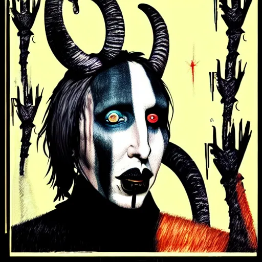 Image similar to graphic illustration, creative design, marilyn manson as a goat, biopunk, francis bacon, highly detailed, hunter s thompson, concept art