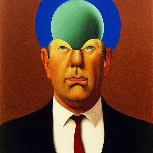 Prompt: a rene magritte painting of a head looking down and to the right