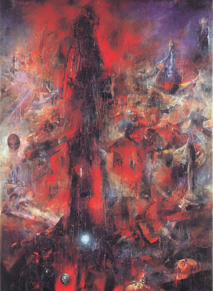 Prompt: the blind liberty of the few, red and purple palette, volume light, fog, by mimmo rotella by ( h. r. giger ) and paul lehr