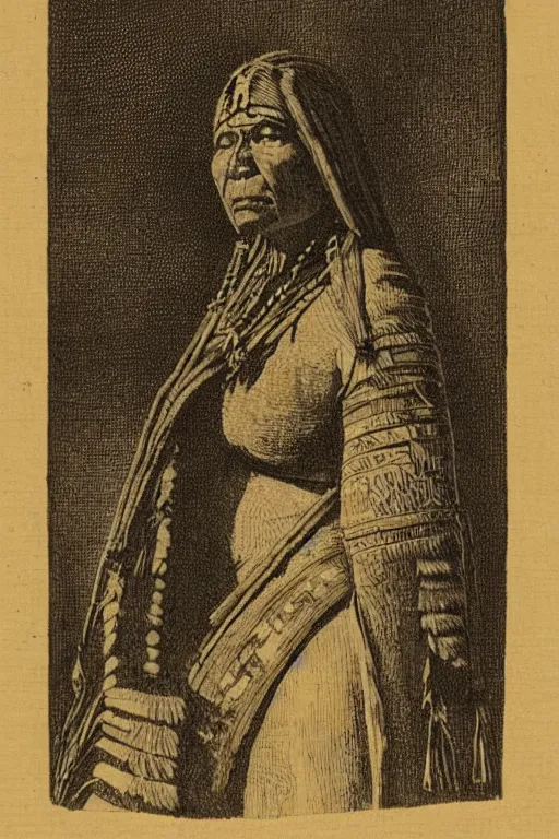 Image similar to “19th century wood engraving of a Native American indian woman, portrait, Nanye-hi Beloved Woman of the Cherokee, wearing a papoose showing pain and sadness on her face, ancient”