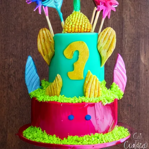 Image similar to corn dogs, mermaid themed birthday cake, food photography,