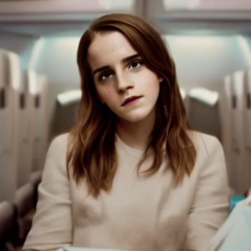 Image similar to emma watson, inside airplane, film still, fujifilm reala, low tonal contrast,