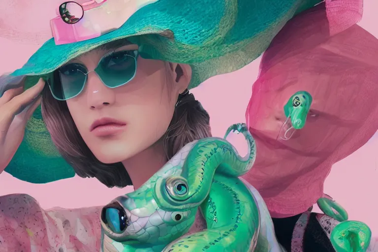 Prompt: close - up, first fashion model in sunglasses, second fashion model with hat, pink clouds background, green snakes, hyper detailed, photo realistic, vouge style photo, drops of clean water, artwork by tooth wu and wlop and beeple and greg rutkowski