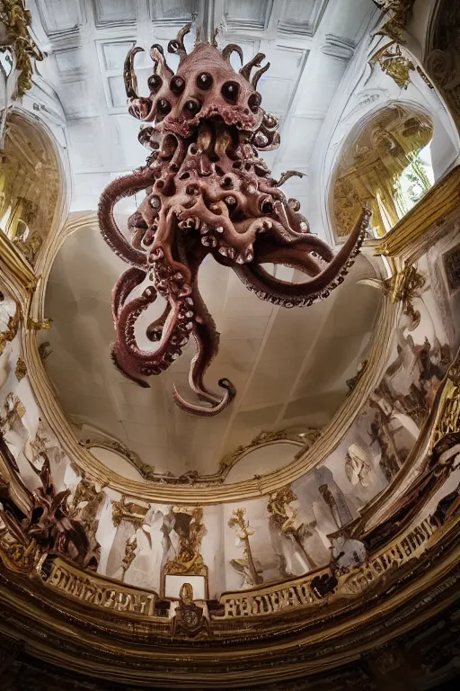 Prompt: a spectacular wideangle shot of a giant scary rococo octopus queen, award winning photography