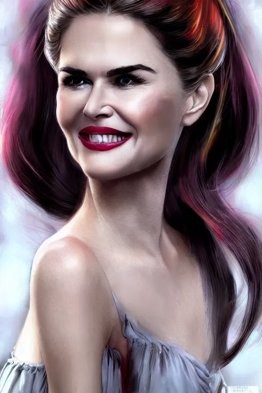 Image similar to mix of beautiful young maria shriver, mariel hemmingway, brooke shields, nicole kidman and elle macpherson as a vampire showing vampire teeth, ready to bite, thin lips, hair tied up in a pony tail, dark blonde hair, colorful, deviantart, artstation, cgsociety