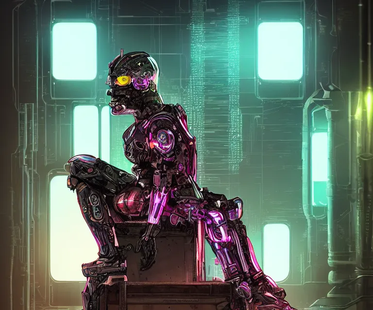 Image similar to translucent cyborg sitting on a metal throne in a futuristic castle, cyberpunk, highly detailed, sharp lines, neon lights