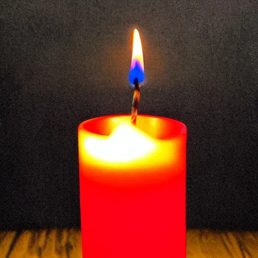 Prompt: large tall tapered red candle with a bright blue flame sitting on a black reflective table blurry background of gothic styled room, photorealistic, photograph, gloom, mist, smoke, fire, 3 quarter perspective, wide angle, strange twisted lettering wrapped around candle