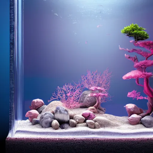 Prompt: pink bonsai aquarium inside a glass jar buried in sand, hourglass, himalayan rocksalt lamp, intricate detail, volumetric lighting, epic composition, hyper detailed, ultra realistic, sharp focus, octane render, volumetric, ray tracing, sense of awe, swirling mist, blue moon, 4 k