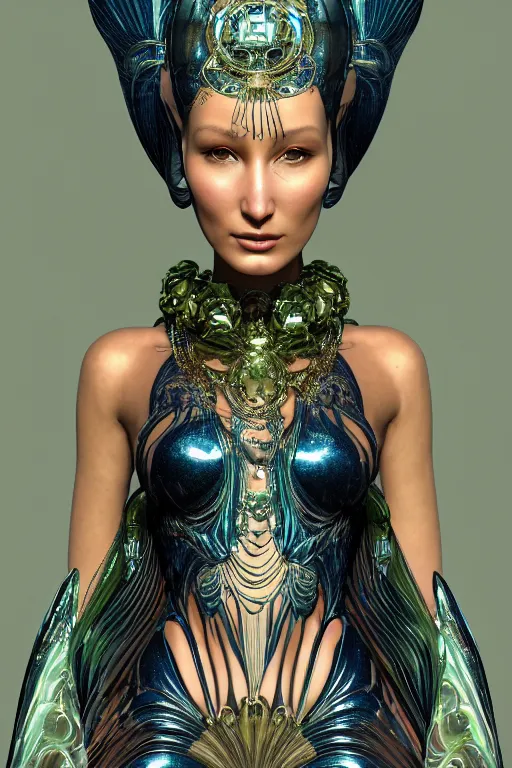 Prompt: hasselblad photo of a beautiful ancient alien woman goddess bella hadid standing in iris van herpen dress jewelery and fractals in style of alphonse mucha art nuvo dmt trending on artstation made in unreal engine 4