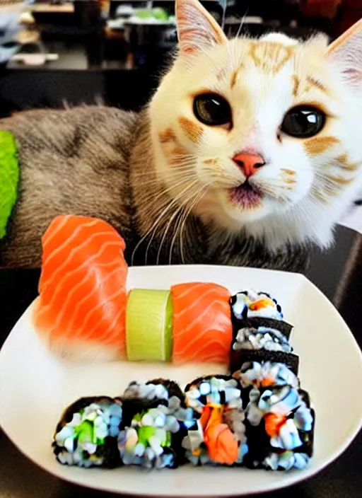 Image similar to clear photorealistic picture of adorable cats made out of sushi