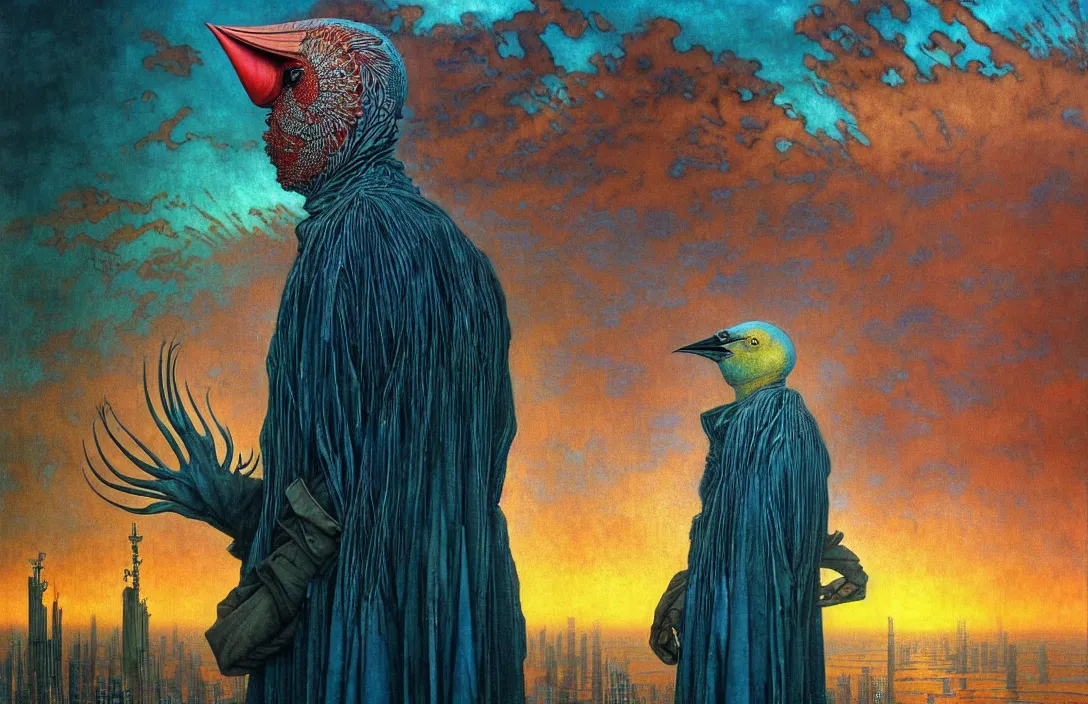 Prompt: realistic detailed portrait movie shot of a birdman wearing dark ragged robes, futuristic city sunset landscape background by denis villeneuve, amano, yves tanguy, alphonse mucha, ernst haeckel, max ernst, roger dean, masterpiece, deepdream, rich moody colours, bird head, blue eyes, hyperdetailed