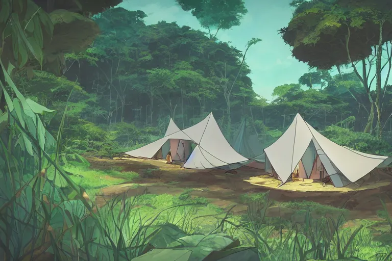 Image similar to A tent built in the amazonian jungle, hanging veins, peaceful wide landscape, solarpunk, wide perspective, no humans, soft lighting, anime film still, by Makoto Shinkai and studio ghibli, cell shading, high details