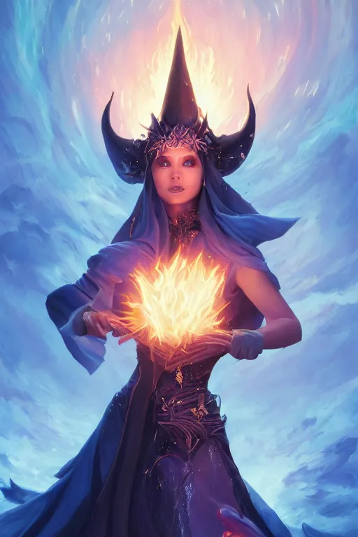 Prompt: a fancy portrait of a beautiful dark magician girl wearing a large witches hat covered in light blue flames flames by Greg Rutkowski, Sung Choi, Mitchell Mohrhauser, Maciej Kuciara, Johnson Ting, Maxim Verehin, Peter Konig, final fantasy , mythical, 8k photorealistic, cinematic lighting, HD, high details, atmospheric,