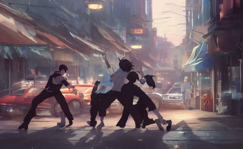 Image similar to a street fight, full shot, atmospheric lighting, detailed faces, by makoto shinkai, stanley artgerm lau, wlop, rossdraws