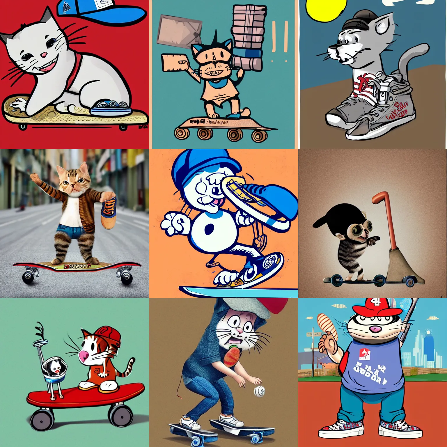 Prompt: cute and funny, a cat standing on its back legs, wearing high top sneakers and a baseball cap, riding a skateboard, by mike judge, by bruce mckinnon, by albert uderzo, by garri bardin, by alexander williams, trending at artstation, award winning