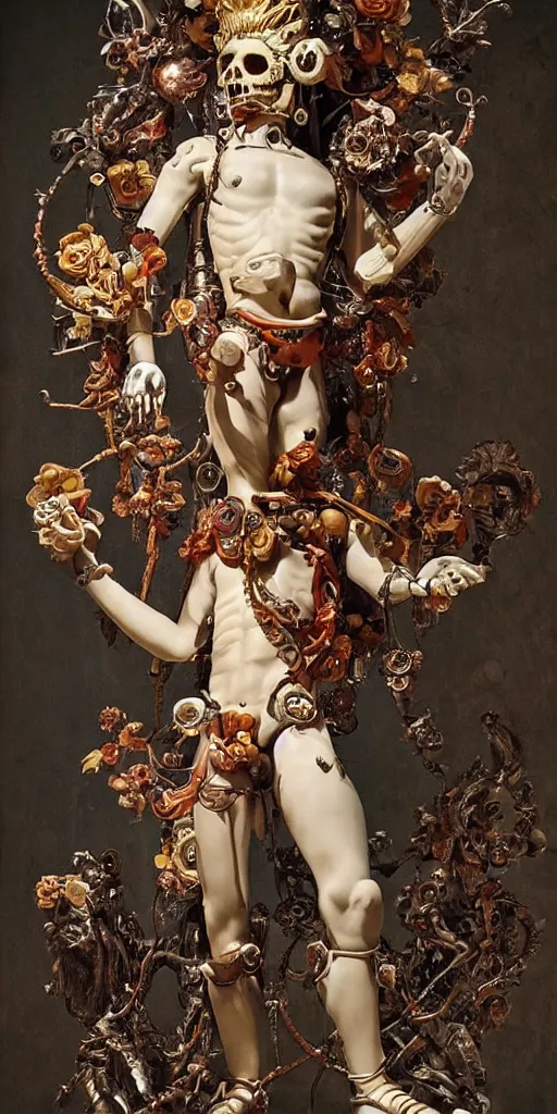 Image similar to a young handsome Spanish metal and porcelain android with a large glowing red lit gem in the center of his chest, full-body bronze cyberpunk style statue of Icarus with glowing p eyes, crown of mechanical peach roses, flowing teal-colored silk, fabric, steampunk flowers. baroque elements, human skull. full-length view. baroque element. intricate artwork by caravaggio. many flying horses on background. Trending on artstation, octane render, cinematic lighting from the right, hyper realism, octane render, 8k, depth of field, 3D