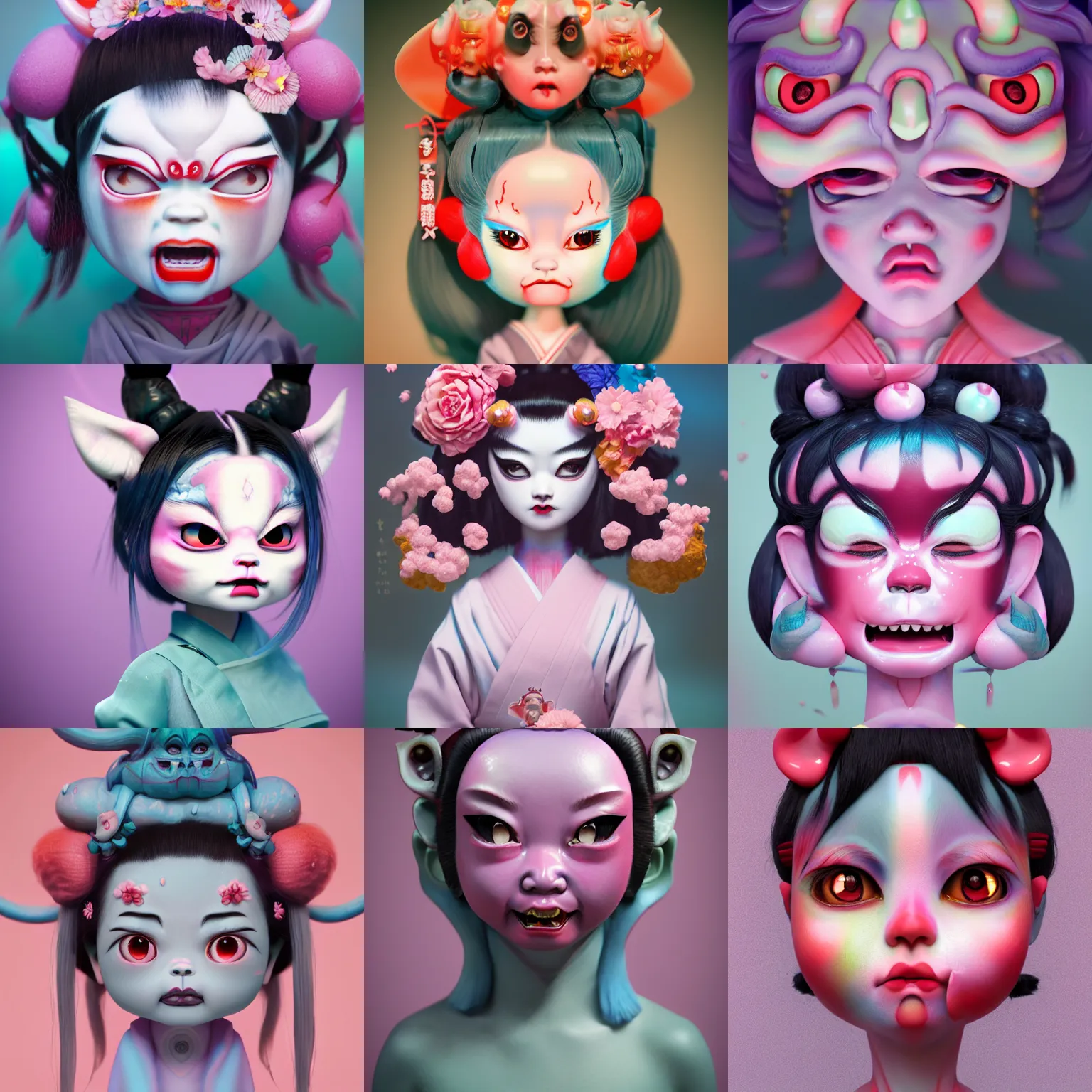 Prompt: an oni demon geisha by amy sol hikari shimoda, mark ryden, cute, weird, cool, pastel colors, glossy plastic, face symmetry, artstation, houdini sidefx, octane 3 d, volumetric lighting, 8 k